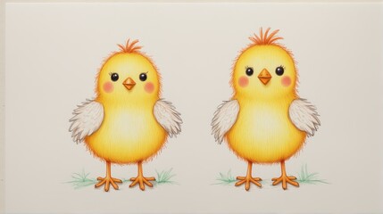 Naklejka premium Two chickens drawn with a colored pencil