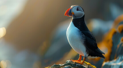 Close-up image of a puffin showcasing its vibrant and colorful beak against a rocky seaside backdrop, highlighting the beauty of nature's creations. - obrazy, fototapety, plakaty