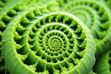 A green fern frond is photographed up close, revealing the intricate spiral pattern of its unfurling new growth. - Powered by Adobe