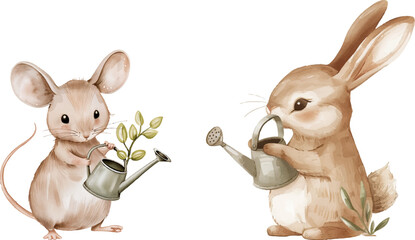 Bunny and mouse with watering cans. Watercolor vector illustration - 791647471