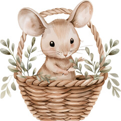 Little mouse in a basket with florals. Watercolor vector illustration - 791647490