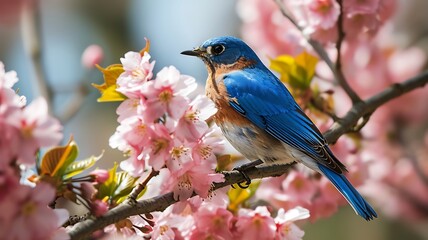 Mesmerizing Image of a Bluebird Perched on a Blossoming Branch, Its Vibrant Feathers Standing Out Against the Soft Floral Background.


