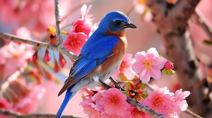 Fototapeta premium Mesmerizing Image of a Bluebird Perched on a Blossoming Branch, Its Vibrant Feathers Standing Out Against the Soft Floral Background.