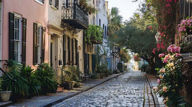 A charming cobblestone lane with vintage townhouses featuring ornate wrought-iron balconies.