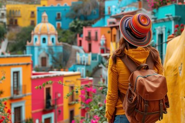 Woman With Backpack Looking at Colorful Buildings