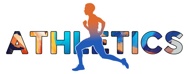 Isolated text ATHLETICS on Transparent PNG Background - Long Distance Running - Color Icon Gradient Silhouette Figure of a Male Running