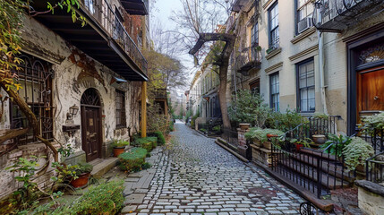 A charming cobblestone lane with vintage townhouses featuring ornate wrought-iron balconies.