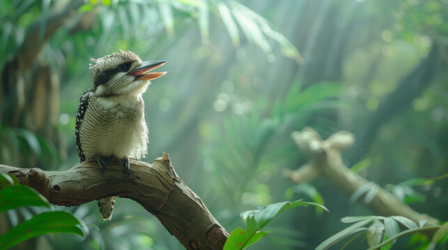 A kookaburra perches on a gnarled branch, its laughter echoing against a backdrop of lush, green foliage.