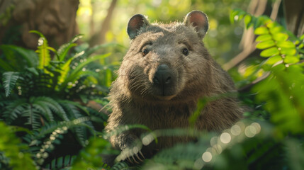 Fototapeta premium Detailed close-up of a curious wombat in its natural habitat, surrounded by lush greenery.