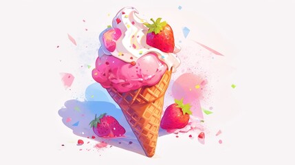 An enticing 2d illustration showcasing a refreshing strawberry fruit ice cream served in a crispy waffle cone adorned with colorful accents set against a clean white backdrop
