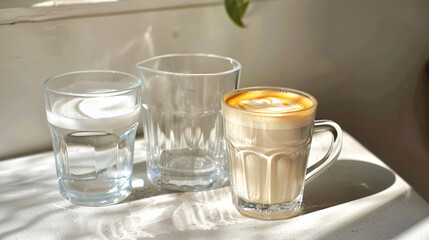 A cafe latte next to water glasses
