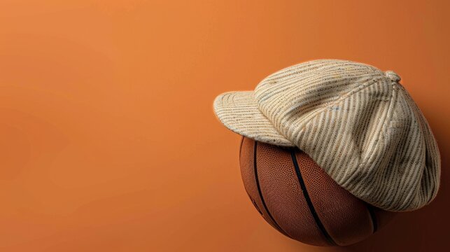 A vivid photograph featuring a basketball and a denim cap suspended in mid-air, artistically captured against a seamless yellow background, emphasizing motion and color contrast.