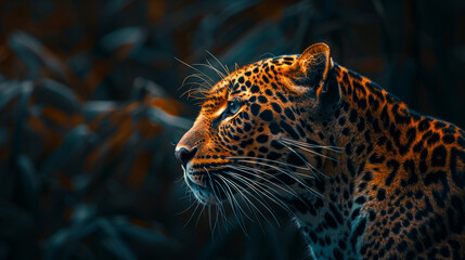 Obraz premium A striking image of a leopard showcasing its vibrant spots against a dark, blurred backdrop.