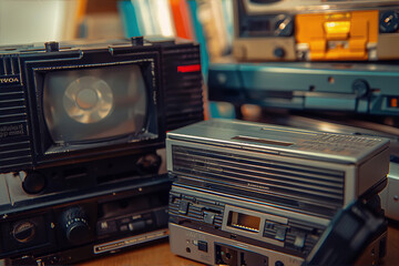 Obraz premium Retro vibe of analog video and audio gadgets from the 80s