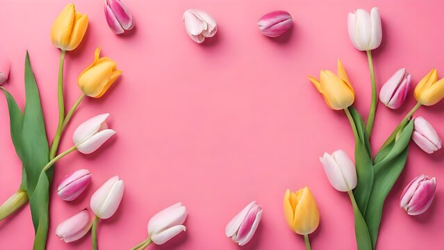 Gift boxes frame, free space for text. Gifts with red ribbon, pink bows isolate on pastel background. Flat lay, top view, copy space. Presents composition for birthday, mother day, wedding, valentine - Powered by Adobe