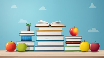 An arrangement featuring an apple atop a book resting on a table, evoking concepts of knowledge, learning, and nutrition, evoking images refreshment, Generative AI.