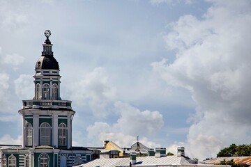 City roofs and tower of the Kunstkamera building in St. Petersburg, Russia.