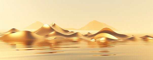3d render, cartoon illustration of gold hills with water in the background, simple minimalistic style, low detail copy space for photo text or product, blank 