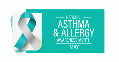 Asthma & allergy awareness month campaign banner. Advocacy and education poster. Featuring turquoise ribbon and text.