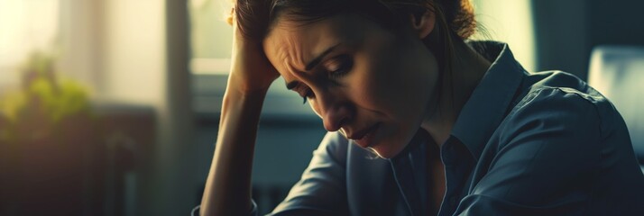 A businesswoman appears overwhelmed with work, symbolizing stress, burnout, and the challenges of professional life - obrazy, fototapety, plakaty