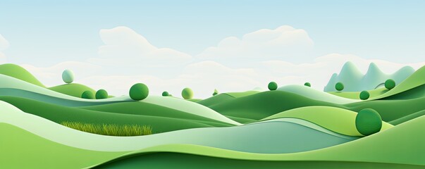 3d render, cartoon illustration of green hills with water in the background, simple minimalistic style, low detail copy space for photo text or product