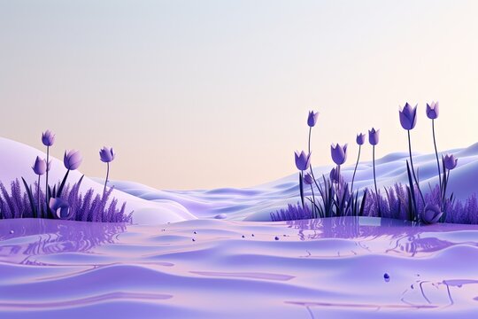 3d render, cartoon illustration of lavender hills with water in the background, simple minimalistic style, low detail copy space for photo text or product
