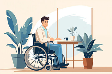 Business graphic vector modern style illustration of a business person in a workplace environment showing accessibility wheelchair access for the less abled man and woman in an office environment