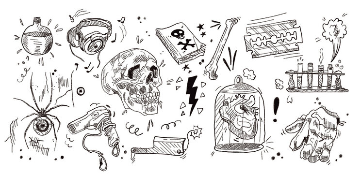 Hand drawn set of gloomy objects. Atmosphere of maniacs, murders, gloominess, death. Background of skull, test tubes, cold weapons, spider. Sketch by hand.
