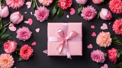 Composition red and pink flowers with gift box . roses flowers on pastel background. Valentine's Day, Birthday, Happy Women's Day, Mother's Day. Flat lay, top view, birthday, Ai generated, stock photo