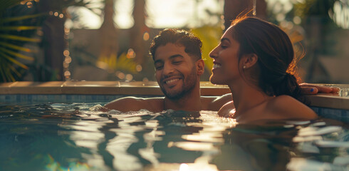 a couple relaxing in a jacuzzi with hot tub water at a spa resort hotel, smiling with natural...