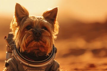 Yorkshire Terrier on Mars in spacesuit
