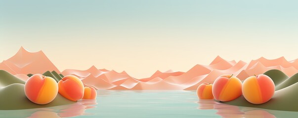 3d render, cartoon illustration of peach hills with water in the background, simple minimalistic style, low detail copy space for photo text or producT