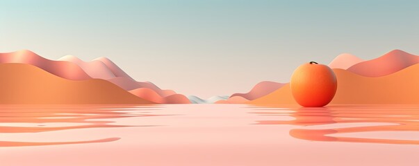 3d render, cartoon illustration of peach hills with water in the background, simple minimalistic style, low detail copy space for photo text or producT