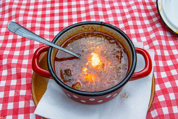 Traditional Slovak Ukrainian Russian cabbage soup with sausage and smoked meat in retro red metal pot served on the plate with spoon. Bowl of delicious Soljanka borsch with white sour cream. Top view