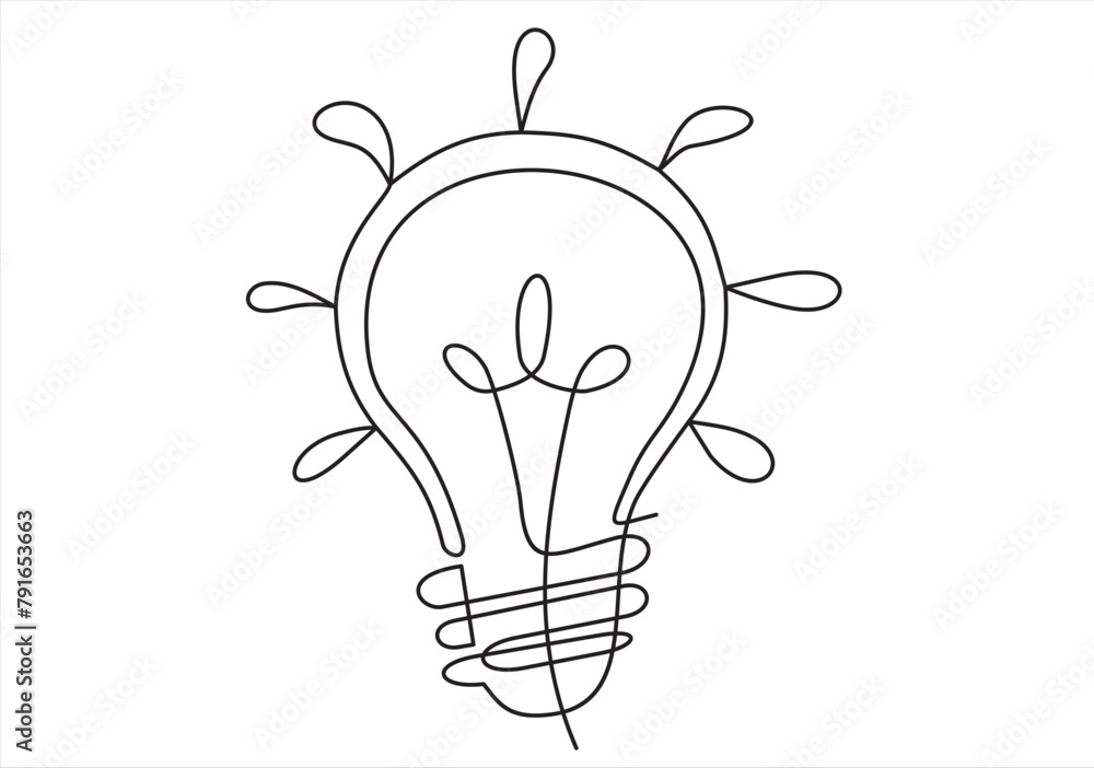 Poster single one line art idea light bulb . creative solution team work lamp concept vector