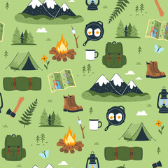 Seamless pattern with various camping items. Vector graphics.