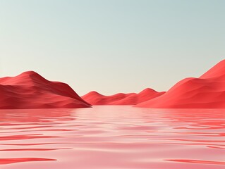 Fototapeta na wymiar 3d render, cartoon illustration of red hills with water in the background, simple minimalistic style, low detail copy space for photo text or product, blank 