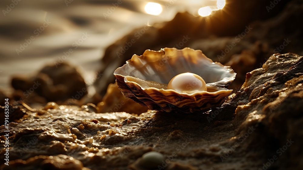 Poster macro photograph showcasing the glossy and smooth surface of a pearl, revealing its subtle iridescen