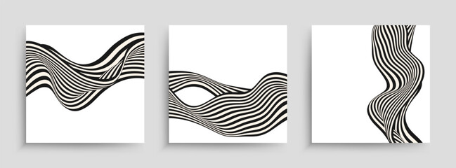 Set of abstract poster designs with wavy black stripes and optical illusion effect. Movement illusion, banner, flyer, invitation, cover design.