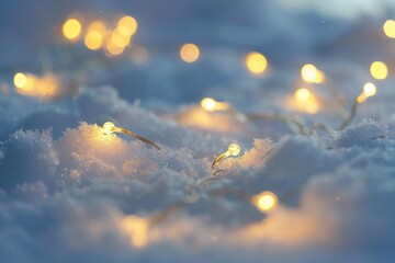 A closeup of glowing fairy lights on white snow, creating an enchanting and magical atmosphere for product display. - obrazy, fototapety, plakaty