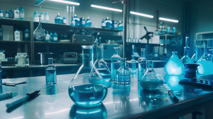 Blue and green glowing lab glassware on a table in a dimly lit laboratory with shelves of equipment and supplies in the background