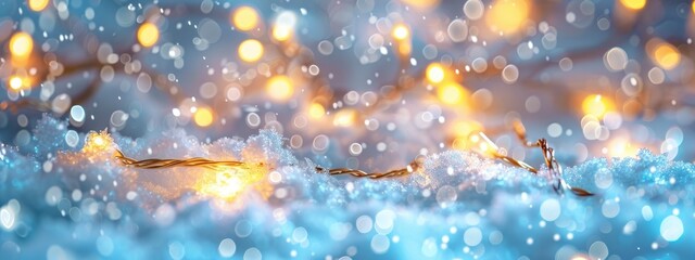 A closeup of glowing fairy lights on white snow, creating an enchanting and magical atmosphere for product display. - obrazy, fototapety, plakaty