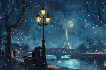 A couple sitting on a bench in Paris on a full moon night, with a street lamp and the Eiffel Tower in the background, - obrazy, fototapety, plakaty