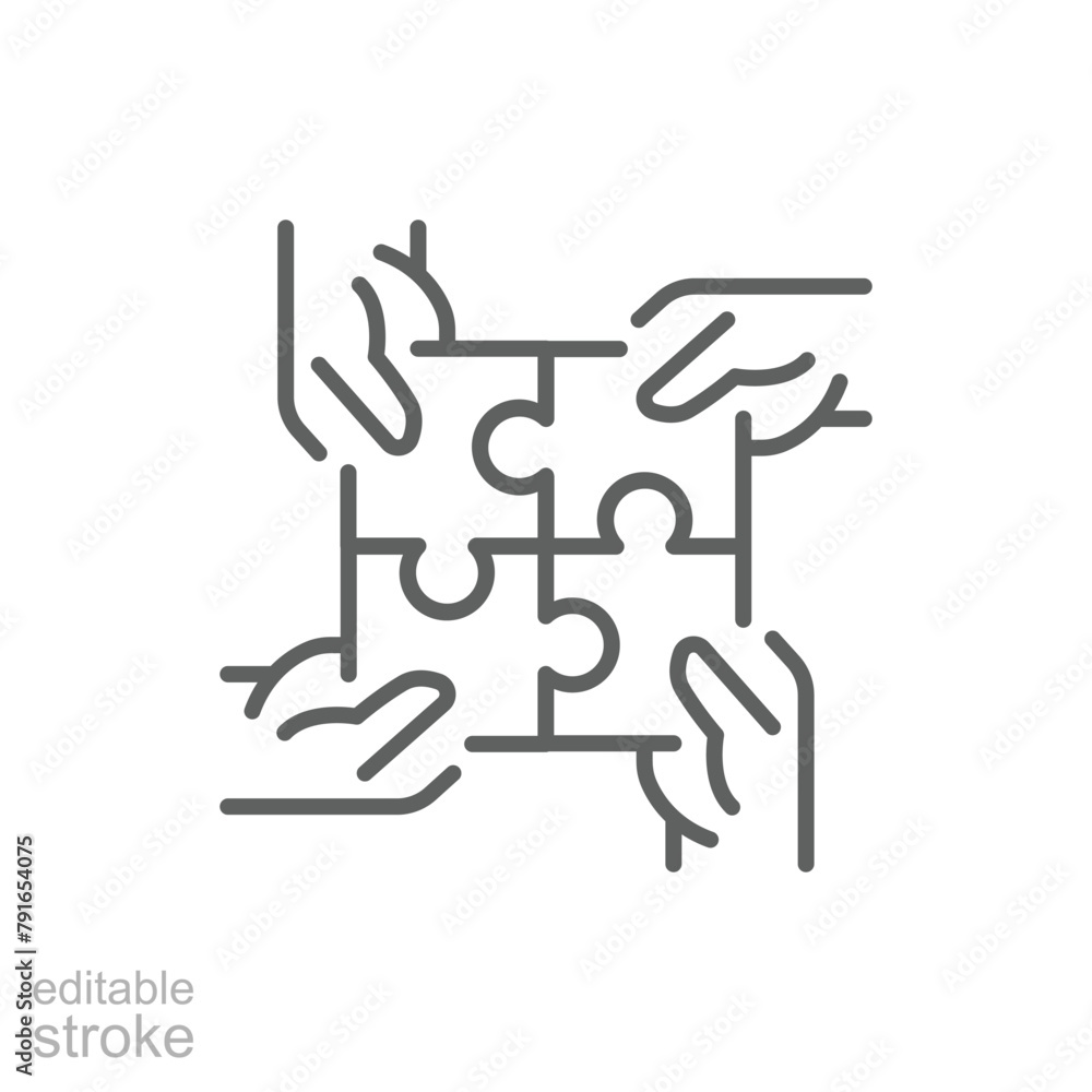 Poster hands connecting puzzle icon. simple outline style. 4 hands connecting four puzzle pieces into a ful