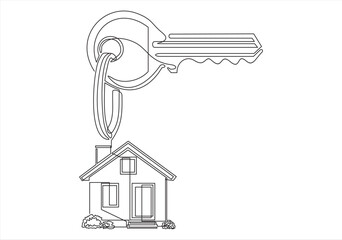 One continuous drawn single art line doodle sketch  symbol key house. The concept of real estate sales