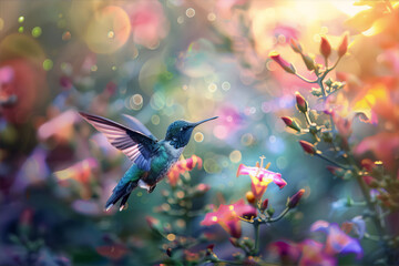 A hummingbird hovers near a flower in a garden with a painterly and surreal style, evoking a sense of wonder and fascination
