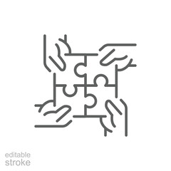 Hands connecting puzzle icon. Simple outline style. 4 hands connecting four puzzle pieces into a full square, community concept. Thin line symbol. Vector illustration isolated. Editable stroke.