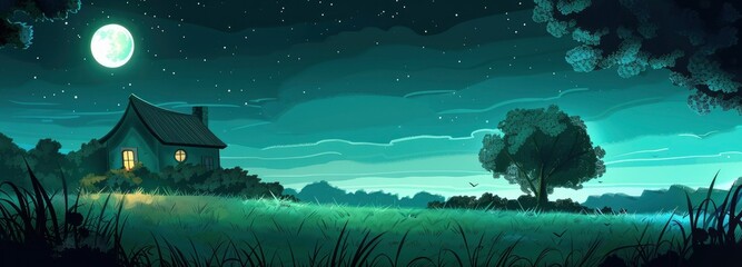 A moonlit, verdant meadow with a house in the distance evokes feelings of peace and tranquillity.