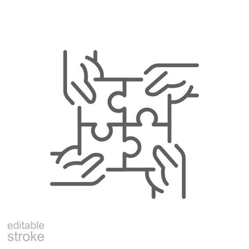 Hands connecting puzzle icon. Simple outline style. 4 hands connecting four puzzle pieces into a full square, community concept. Thin line symbol. Vector illustration isolated. Editable stroke.