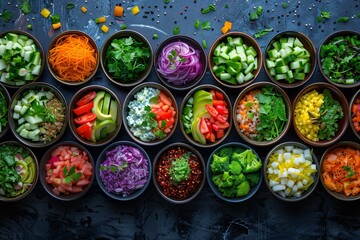 Top view of different colorful salad bowls with diced and sliced vegetables, ready for a healthy...